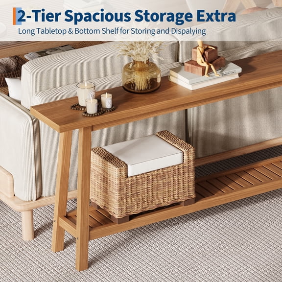 Extra Long Console Table 70.9'' - 2-Tier Narrow Sofa Table Behind Couch - All Wood Rustic Entryway Hallway Table with Farmhouse Accent Storage Shelf for Living Room, Foyer - Yellow-Brown