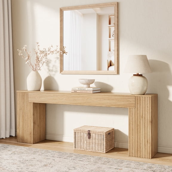 Extra Long Console Table 82 Inch, Wooden Sofa Table, Entryway Table | Wavy Textured Design | Light Oak Brown | Farmhouse Natural Wood Finish | Behind Couch | Living Room, Entrance, Hallway