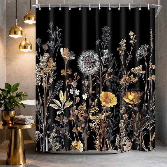Extra Long Cottagecore 78 inch Shower Curtain,Modern Luxury Black and Gold Boho Aesthetic Wildflower Farmhouse Polyester Waterproof Bathroom Decor, Fabric, Machine Washable,with 12Hook,72X72in
