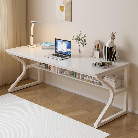 Extra Long Desk with Bookshelf - 63" Double Long Writing Table for 2-Person Workstation, Modern Study Work Computer Desk for Home and Office, Warm White