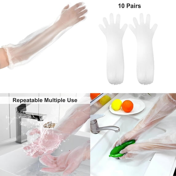 Extra Long Disposable Cleaning Gloves 10 Pairs | Waterproof 23.6” Reusable Arm Protection | Durable Textured Grip | Wide Cuff | Kitchen, Dishwashing, Household, Cooking, Cleaning