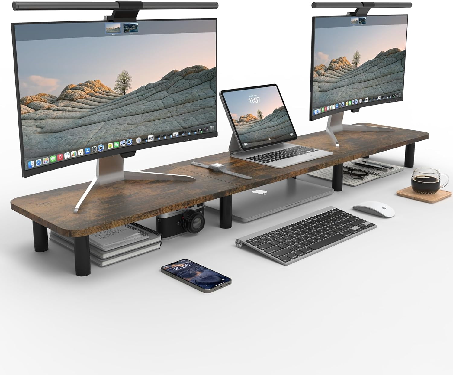 Extra Long Dual Monitor Stand - 43.7 Inch Wide Wood and Steel Desktop Riser for Home Office Desk Organization