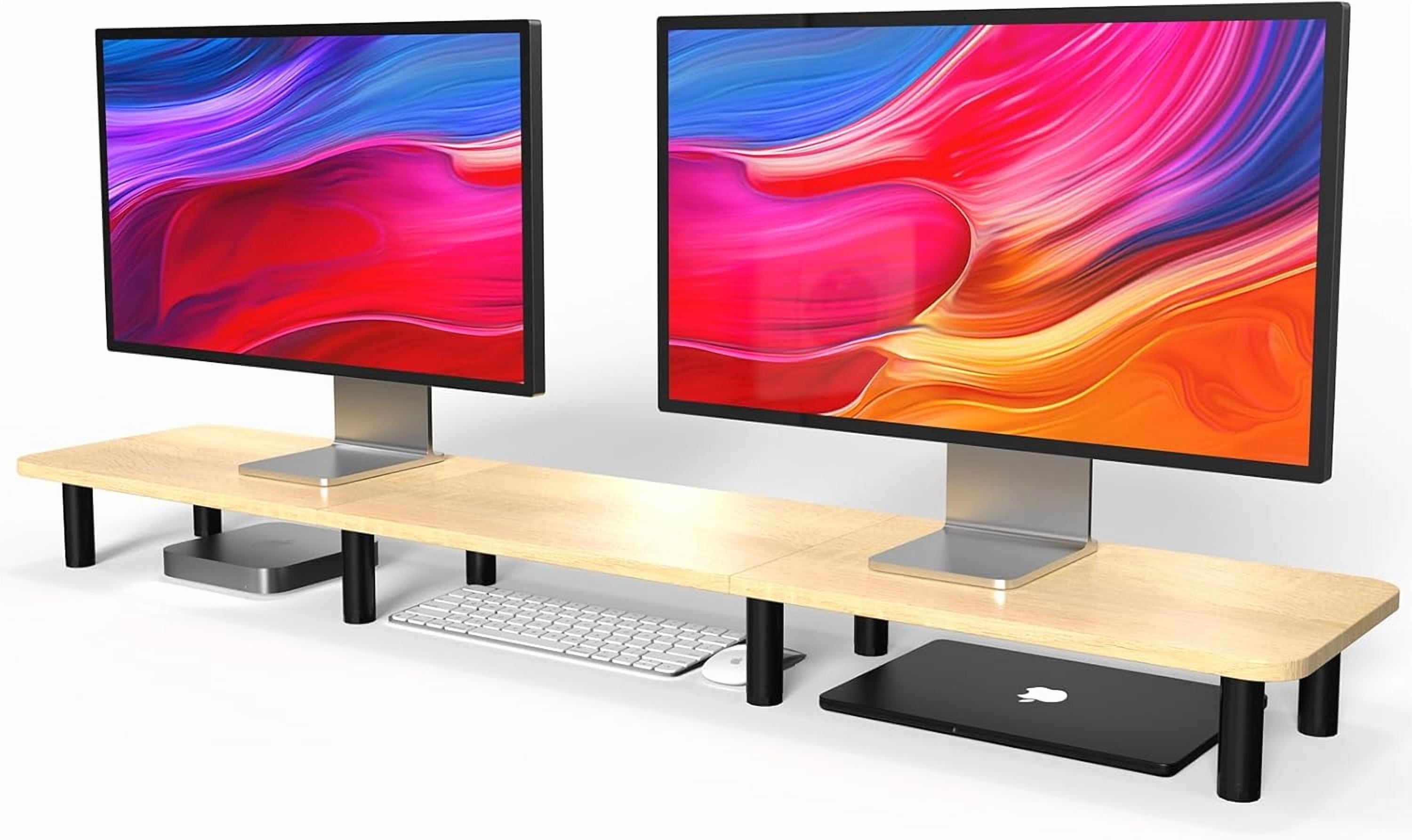 Extra Long Dual Monitor Stand - 43.7 Inch Wide Wood and Steel Desktop Riser for Home Office Desk Organization