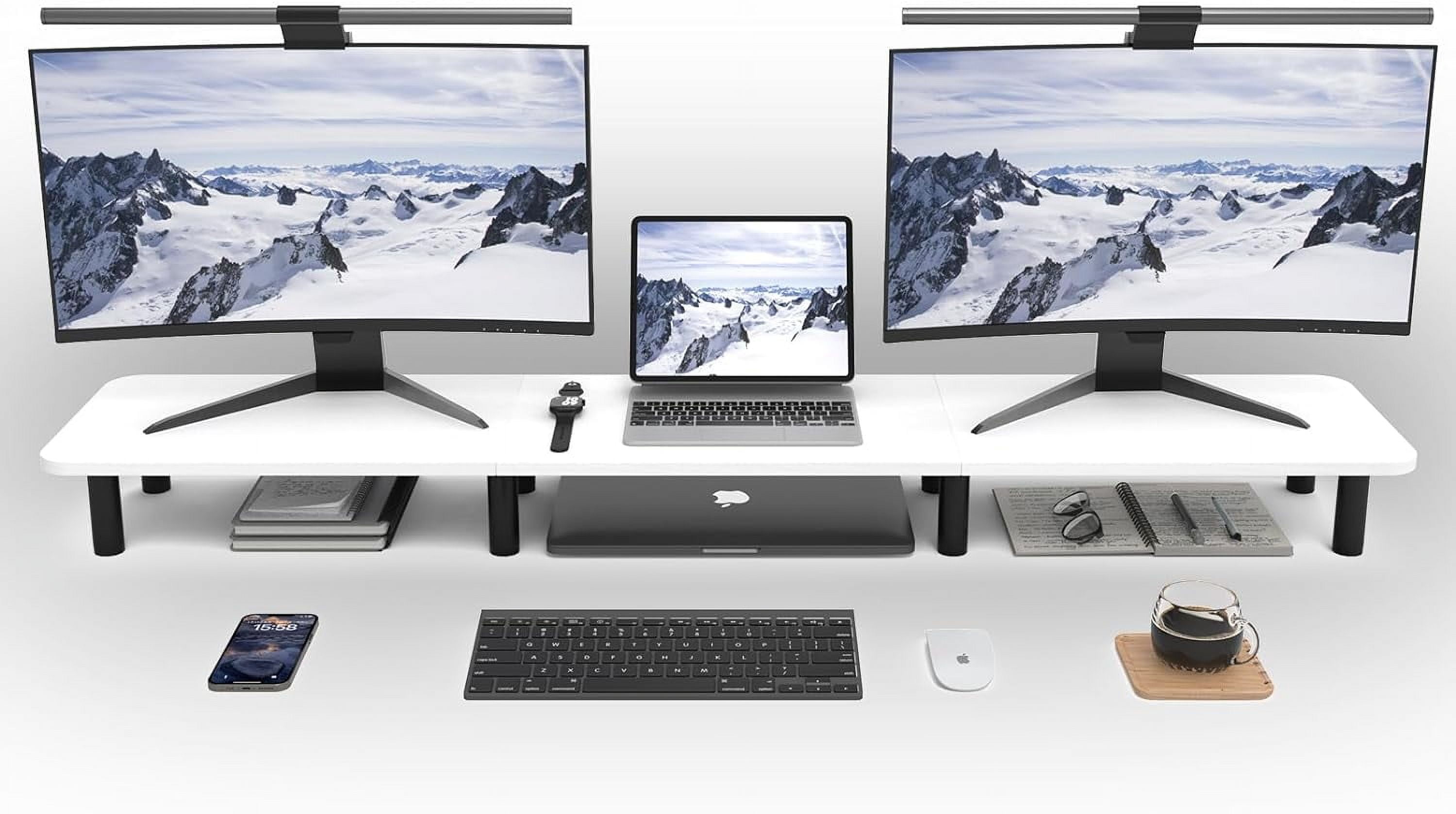 Extra Long Dual Monitor Stand - 43.7 Inch Wide Wood and Steel Desktop Riser for Home Office Desk Organization