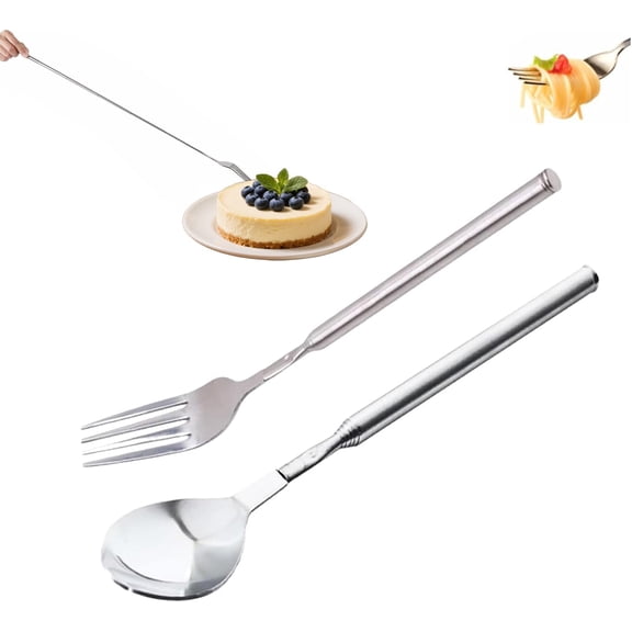 Extra Long Extension Fork Prank Telescoping from 8.7 to 25 Inches Stainless Steel Extendable Dinner Fruit Dessert Spoon for Meal Fun and Practical Jokes
