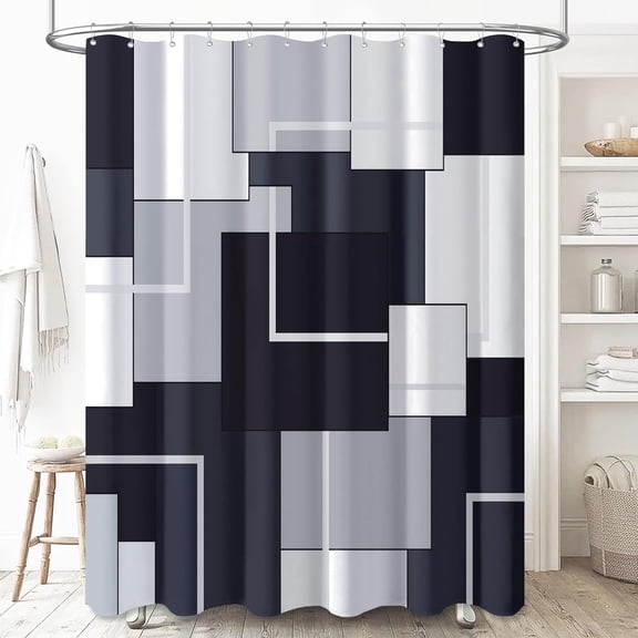 Extra Long Fabric Shower Curtain - 72 x 84 Inches Long Geometric Cloth Shower Curtain Set with 12 Plastic Hooks, Large Hotel Modern Abstract Polyester Curtains for Bathroom Showers - Black