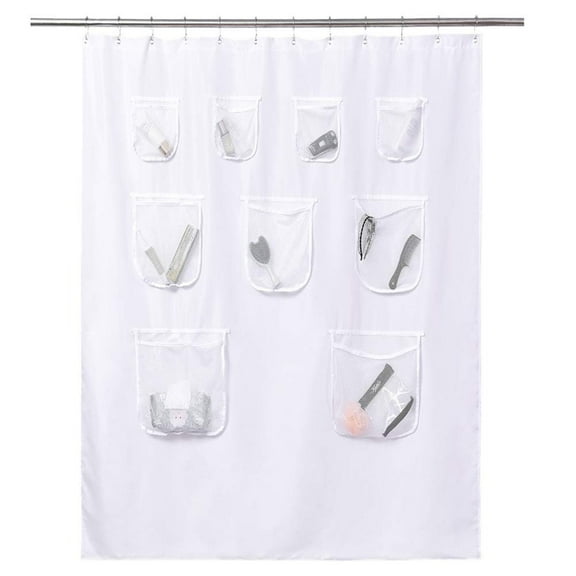 Extra Long Fabric Shower Curtain with 9 Mesh Pockets (71x84 Inch) - Waterproof Washable Bathroom Organizer for RV, Small Showers, Kids & Elderly, Machine Washable