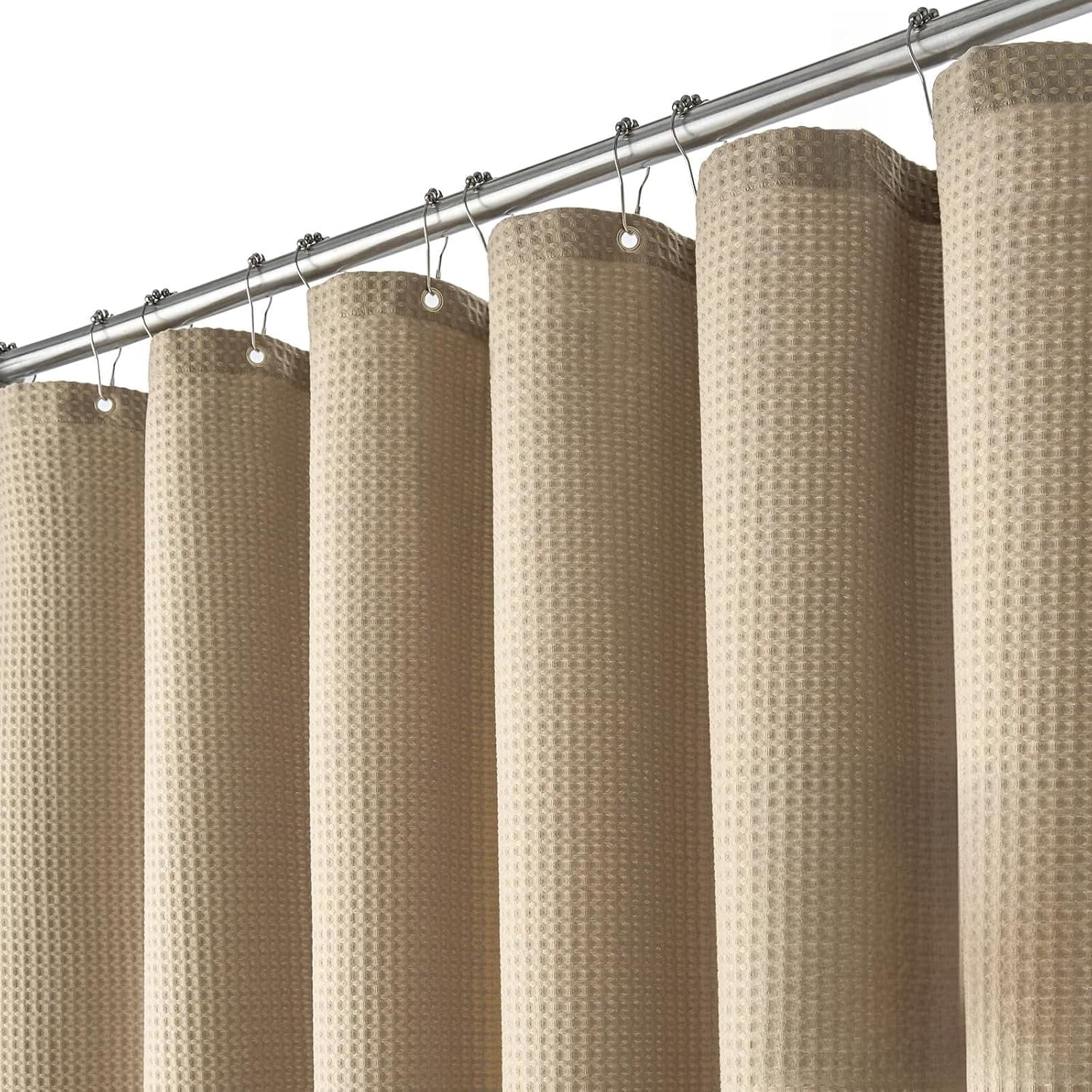 Extra Long Fabric Shower Curtain - Waffle Weave 90 Inches Long Heavy Duty Cloth Shower Curtains for Bathroom, 256GSM Tall Hotel Luxury Bath Curtain Set with 12 Plastic Hooks, Beige/Khaki