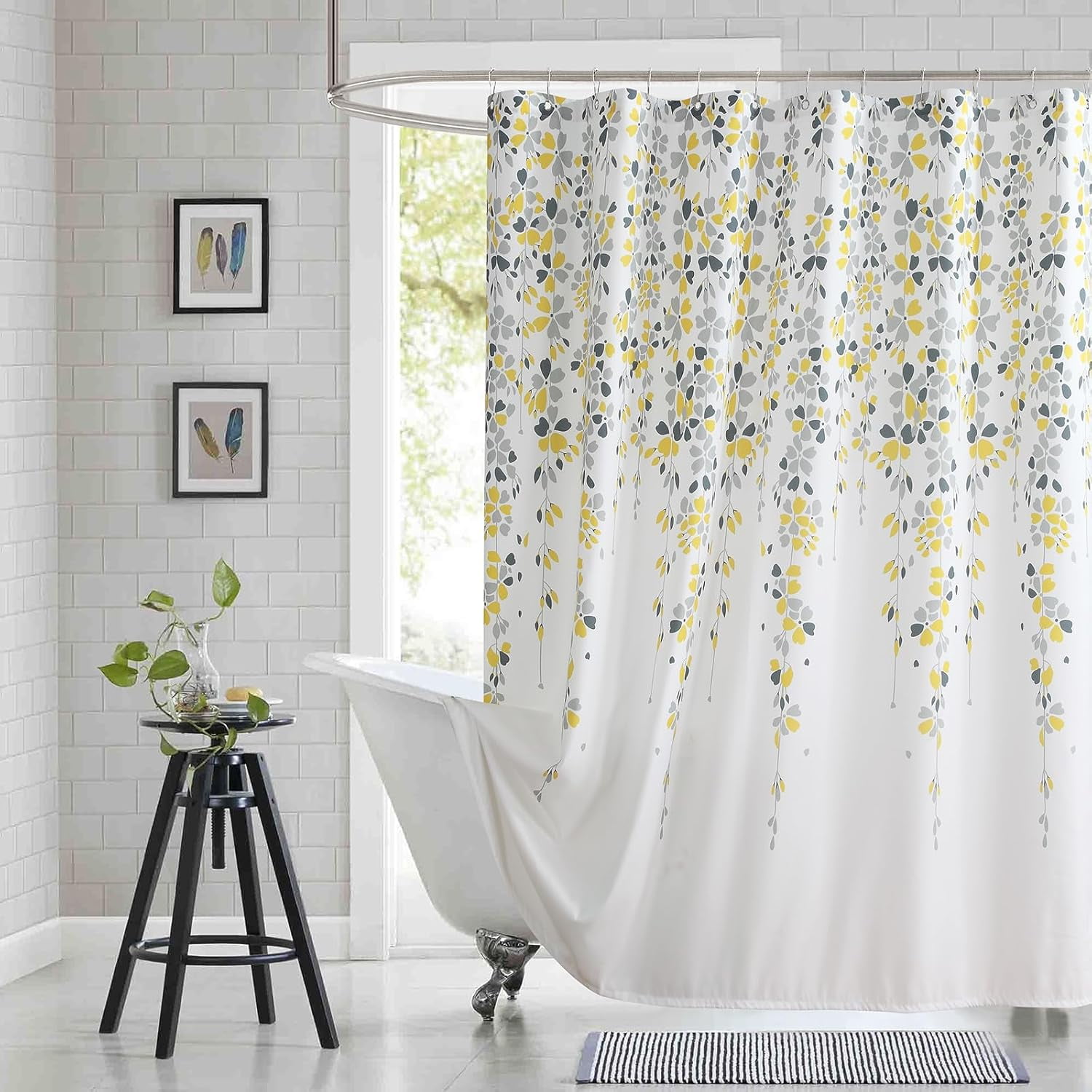 Extra Long Fabric Shower Curtain, Yellow and Gray Floral Flower Shower ...