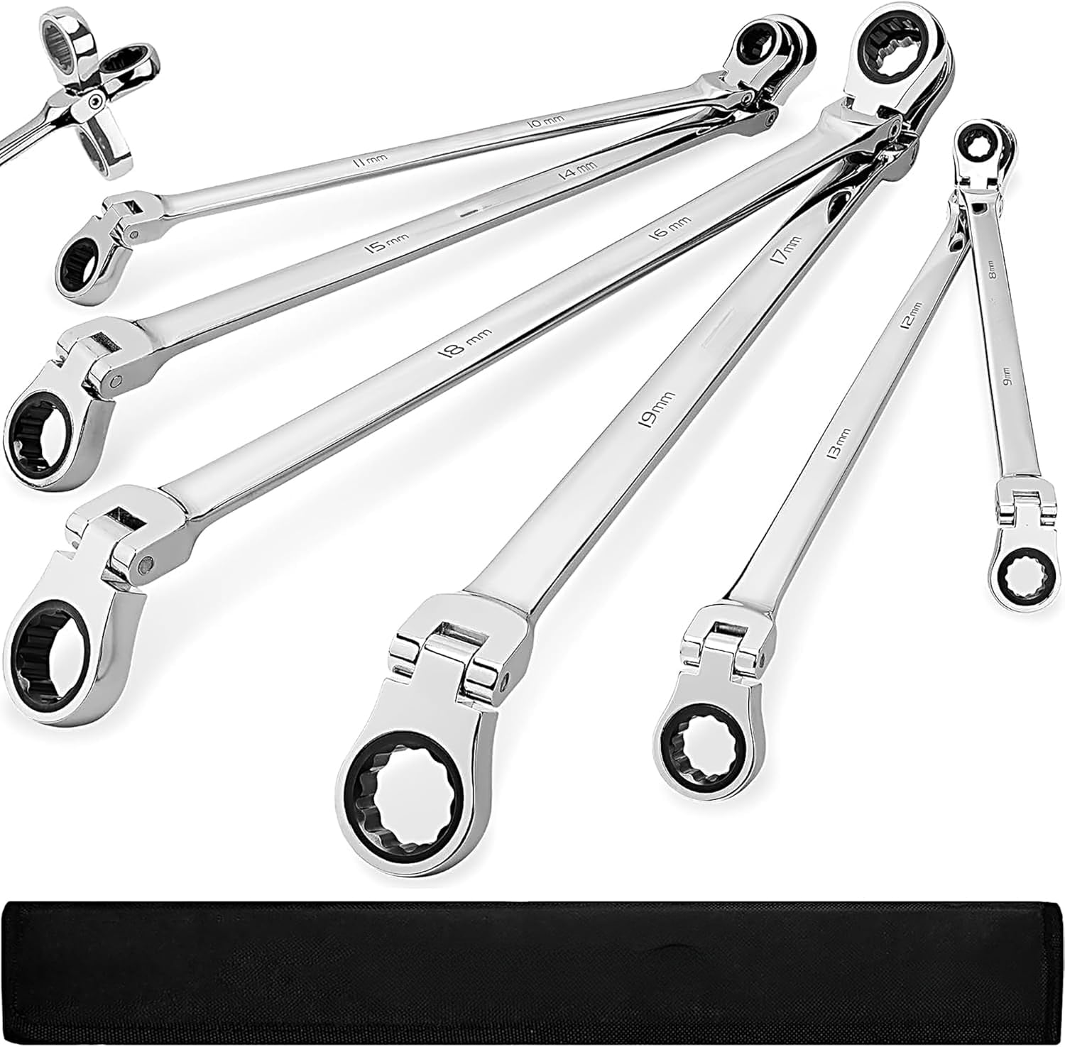 Extra Long Flex-Head Ratcheting Wrench Set, Anti-Slip 6-Piece Double Box End Wrench Set, 72-Teeth, Metric 8-19mm, CR-V Steel Wrench with Rolling Pouch