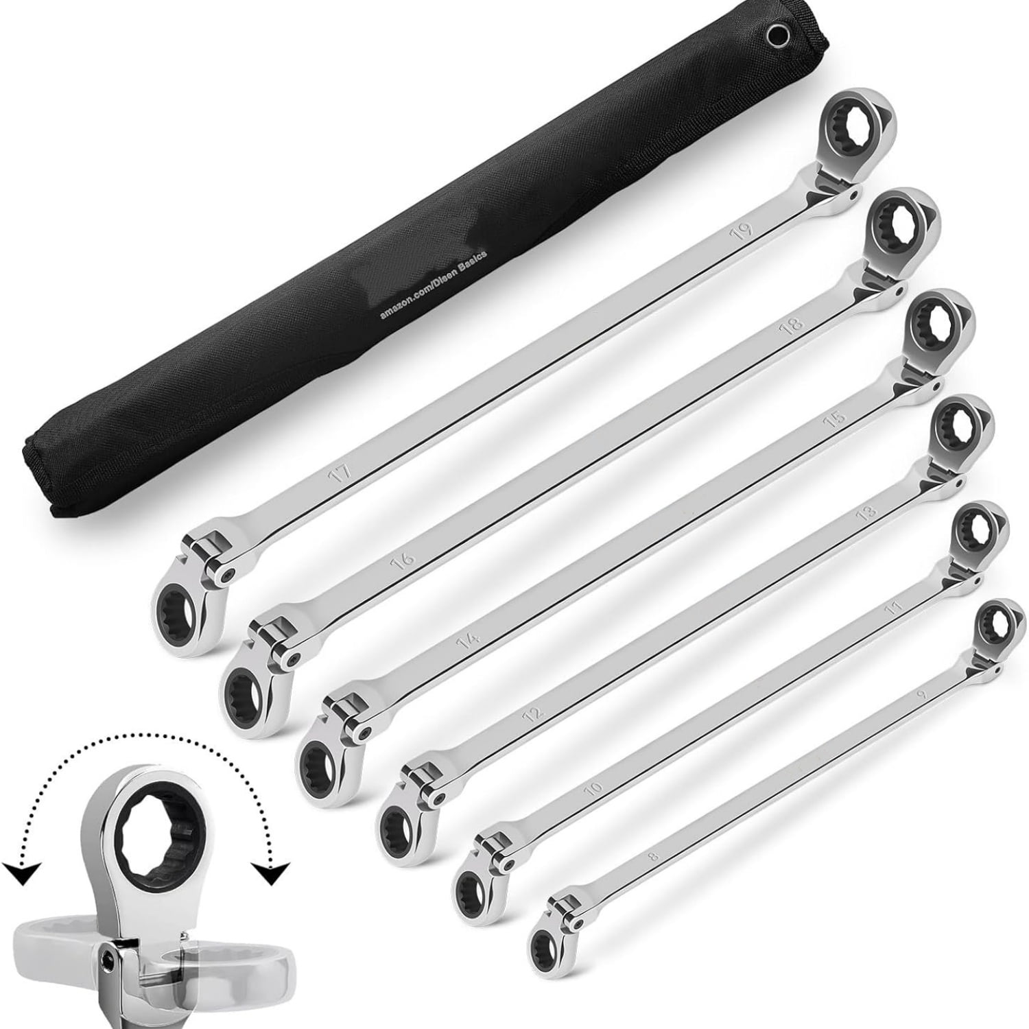 Extra Long Flex Head Ratcheting Wrench set, 6Pcs Double Box End Long Reach Ratchet Wrench Set Metric 8-19mm, CRV Steel, with Pouch, Gifts for Father, Man