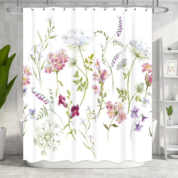 Extra Long Floral Wildflowers Plants Shower Curtain 72Wx78H Herbs Botanical Watercolor Flower Botanical Retro White Decor Fabric Bathroom Polyester Waterproof Plastic Hooks 12 Pack RY-OISL