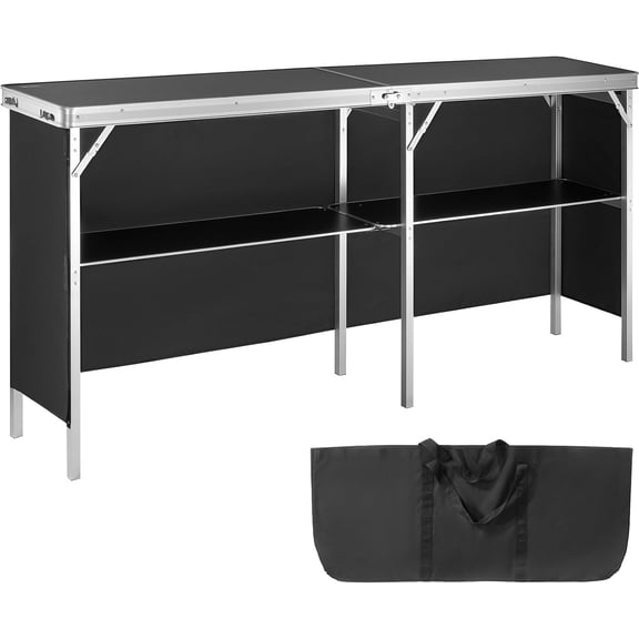 Extra Long Folding Portable Bar Tradeshow Podium Table for Indoor, Outdoor, Party, Picnic, Exhibition, Includes Carrying Case, Storage Shelf and Black Skirt, 77.95" x 15.16" x 34.65"