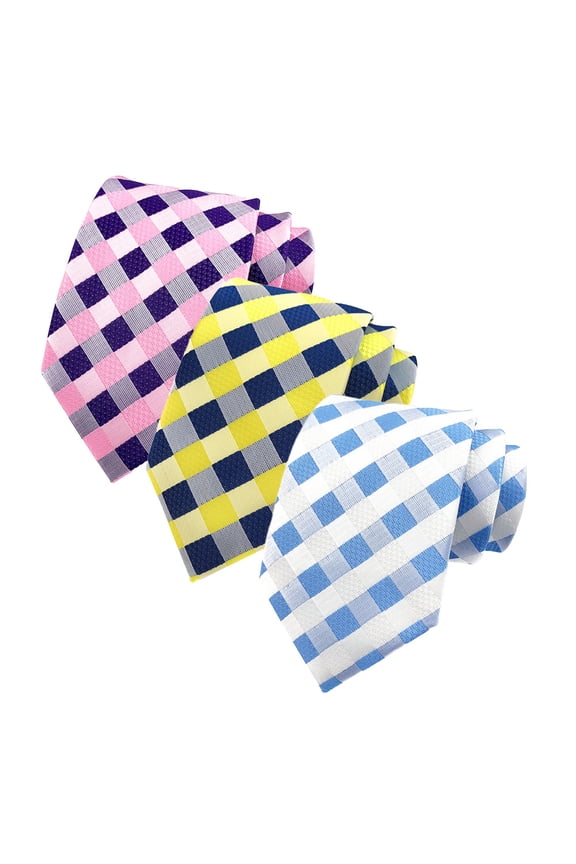 Classic Business Neckties for Men - Set of 3 Jacquard Woven Ties in Stripe & Check Designs, Sizes Include Regular and Extra Long for Big & Tall