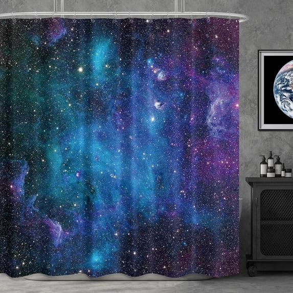 Extra Long Galaxy Outer Space Shower Curtain 72Wx84H Inch Universe Planets Magical Fantasy Starry Nebula in Blue Sky Ocean Decor Fabric Bathroom 12 Pack Plastic Hooks WW-CLLE
