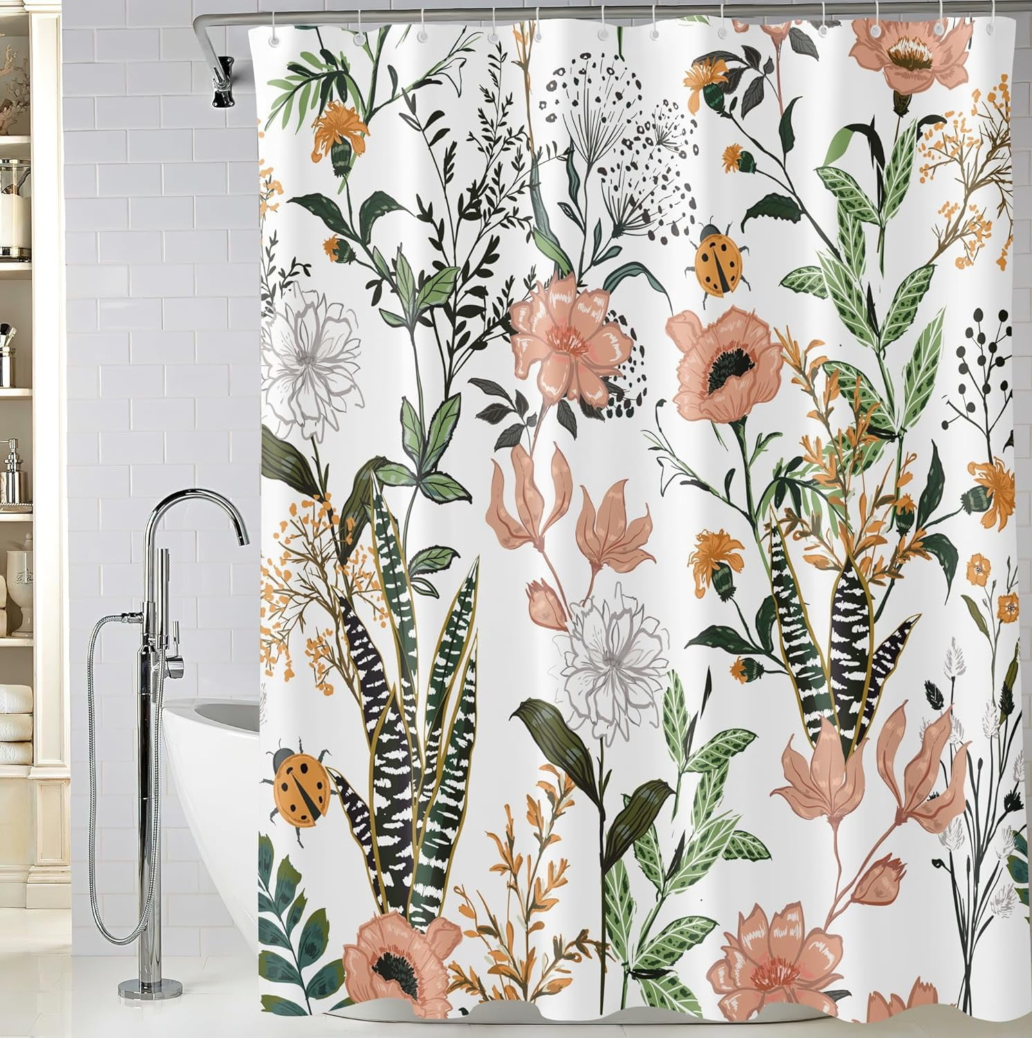 Extra Long Green Boho Floral Shower Curtain 72 x 84 Inch, Flower Leaves ...