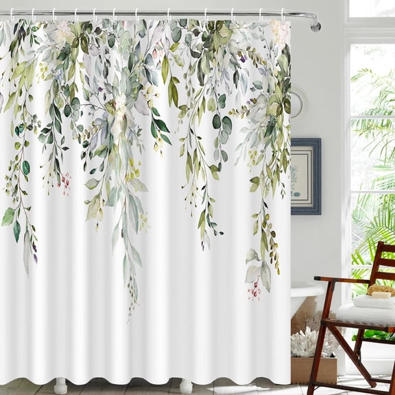 Extra Long Green Eucalyptus Leaves Shower Curtain 72x84 Inch Waterproof Botanical Fabric Stylish NatureThemed Bath Decor with Hooks into a Lush Oasis