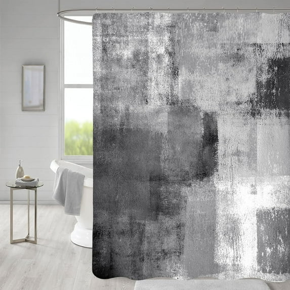 Extra Long Grey Ombre Shower Curtain 72 x 84, Abstract Geometric Fabric Shower Curtain, XL Paint Brush Graffiti Design Shower Curtains for Modern Bathroom Decor