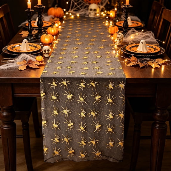 Extra Long Halloween Table Runner, Black Sheer Table Runner with Gold Print, Gothic Spider Web Table Decor for Halloween Party, Dining Table, Mantel, and Home Display