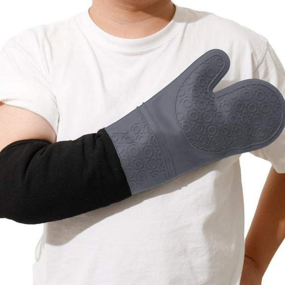 Extra Long High Temp Oven Mitts - 2pcs Commercial, Heavy Duty Non-Slip Grip Mitts - Silicone Heat Resistant Up to 500 Degrees, Grey