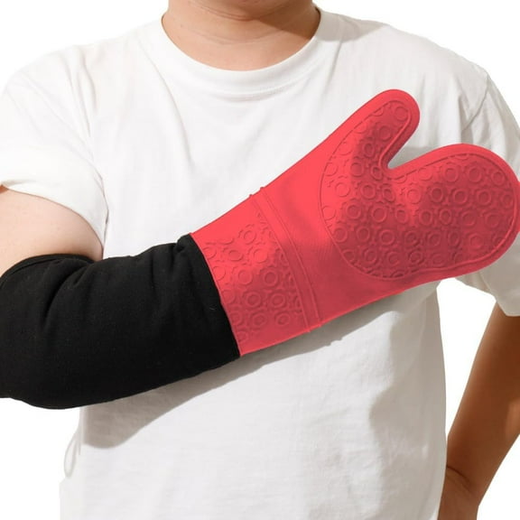 Extra Long High Temp Oven Mitts - 2pcs Commercial, Heavy Duty Non-Slip Grip Mitts - Silicone Heat Resistant Up to 500 Degrees, Red