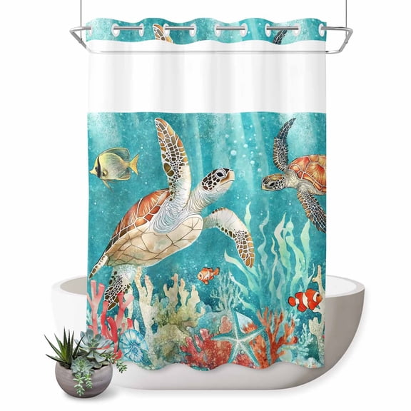 Extra Long No Hook Shower Curtain Bathroom Decor Brown Sea Turtle Coastal Waterproof Shower Curtain Teal Summer Beach Coral Nautical Bathtub Bath Curtain Set with See Through Top Window 72x96 Inch