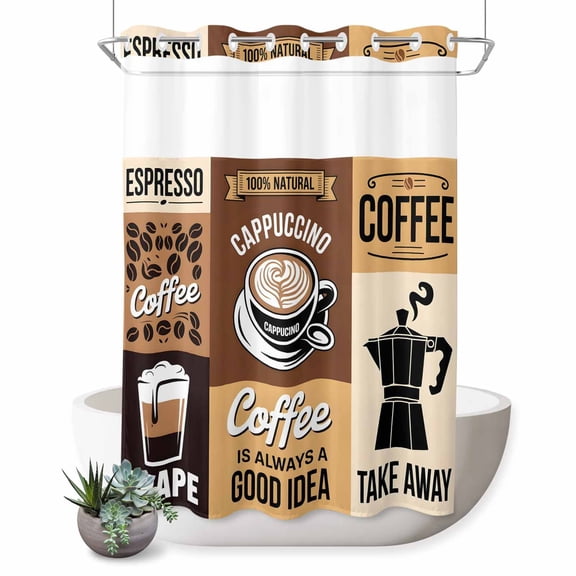 Extra Long No Hook Shower Curtain Bathroom Decor Vintage Coffee Waterproof Fabric Shower Curtain Retro Art Farmhouse Coffee Beans Bathtub Bath Curtain Set with See Through Mesh Top Window 72x96 Inch