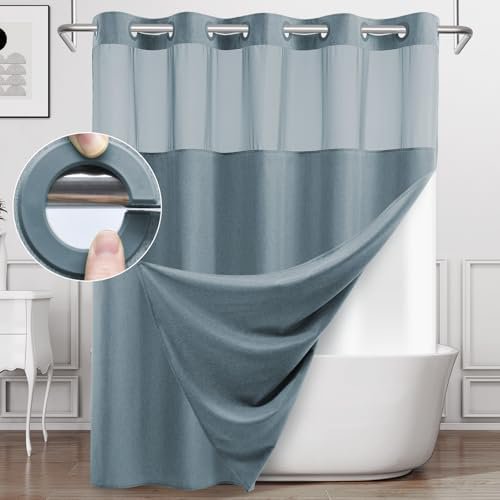 Extra Long No Hook Shower Curtain with Snap in Liner, Polyester Textured Shower Curtain with Liner Set, Waterproof Washable Hotel Style Shower Curtains for Bathroom, 71Wx86H, Blue Grey