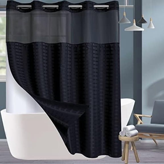 Extra Long No Hook Shower Curtain with Snap in Liner Set, Hotel Luxury Black Shower Curtains for Bathroom with See Through Top Window, Waterproof, Washable 71W x 84H