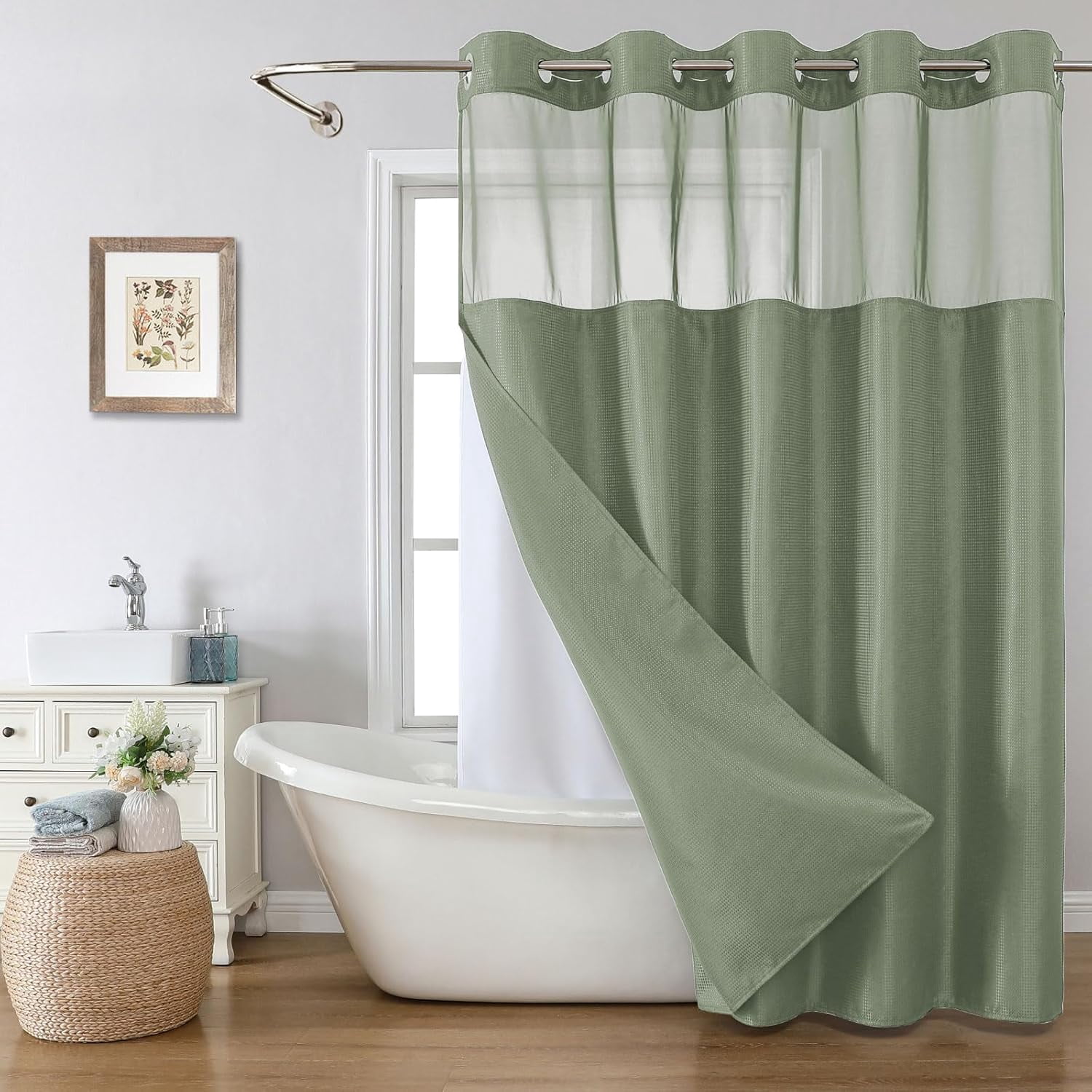 Lavender Waffle Weave Shower Curtain With Snap-In Liner - No Hooks Needed, 230GSM Heavyweight, 71" X 86", Water Repellent