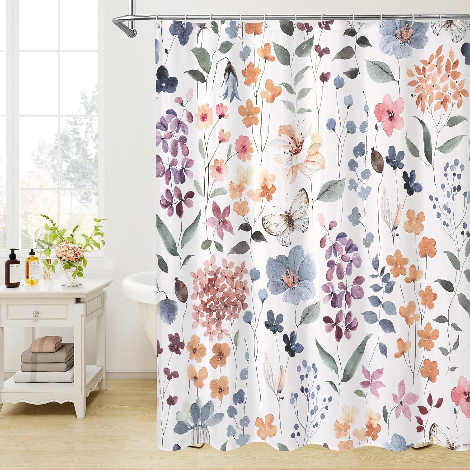 Extra Long Ivory Floral Shower Curtain, Plant Leaves with Flower Shower