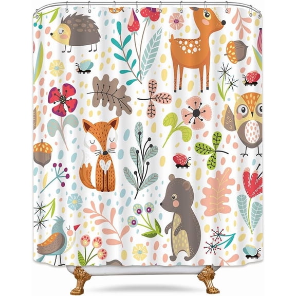 Extra Long Kids Woodland Shower Curtain 72Wx84H Inch Woodland Animals Adorable Girls Cute Cartoon Funny Plants Colorful Weeds Waterproof Fabric Bathroom Decor 12 Pack Plastic Hooks