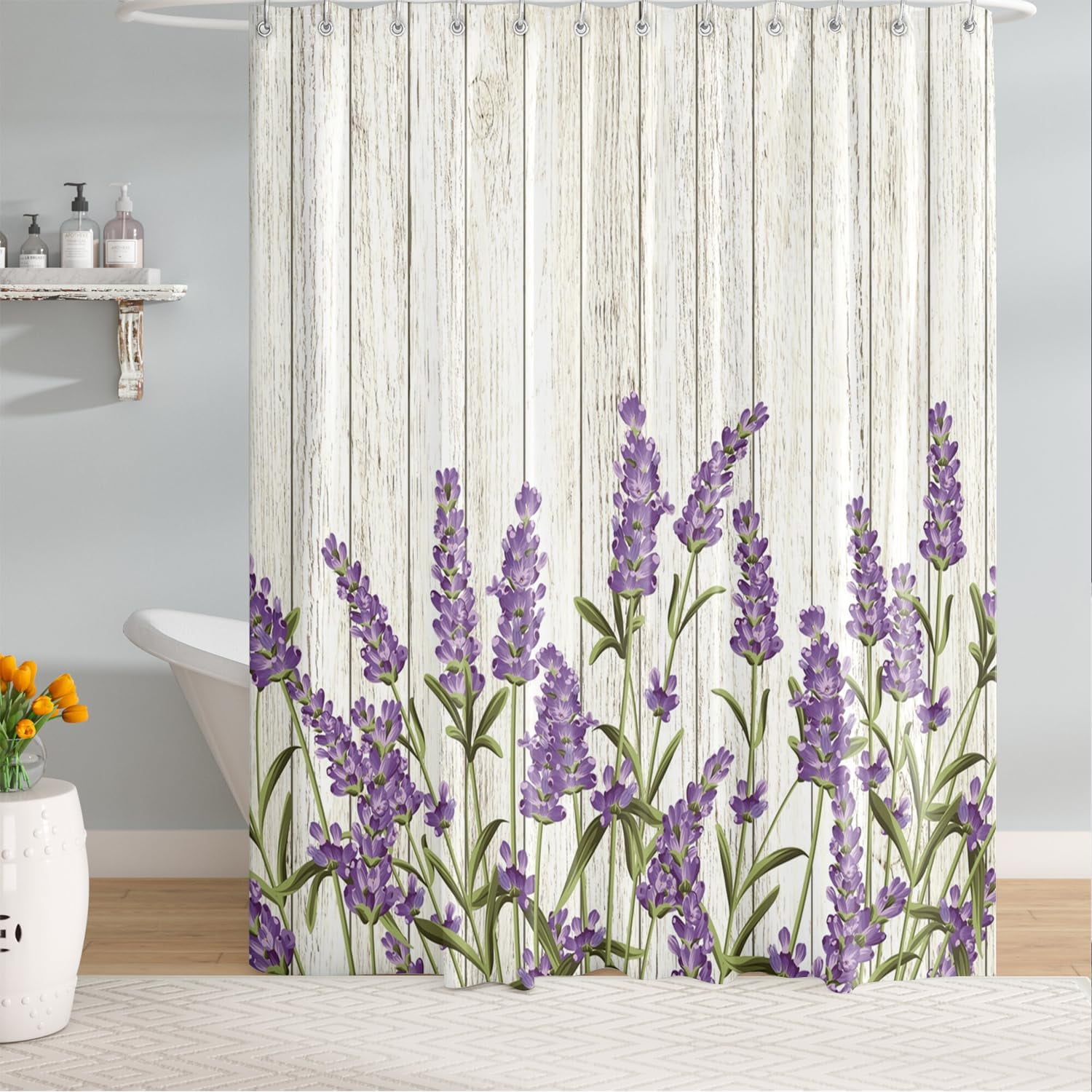 Extra Long Lavender Floral Bathroom Shower Curtain, Waterproof Fabric Purple Flower Farmhouse Shower Curtain 72"W x 72"L (Pack of 1)
