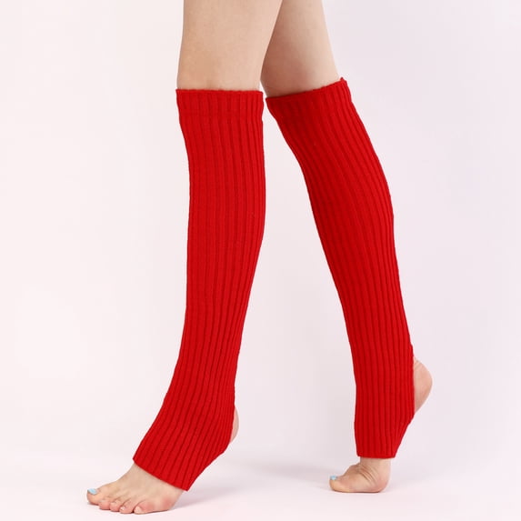 Extra Long Leg Warmers with Foot Stirrup, Ribbed Knit Dance Leg Warmers for Women, Knee High Sock Cuffs for Ballet, Yoga, 80s Fashion, and Winter Warmth - Red