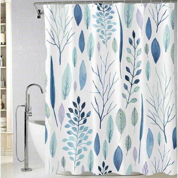 Extra Long Light Blue Leaves Shower Curtain 72 x 84 Inch, Plant Bathroom Shower Curtains, Waterproof Fabric Botanical Shower Curtain