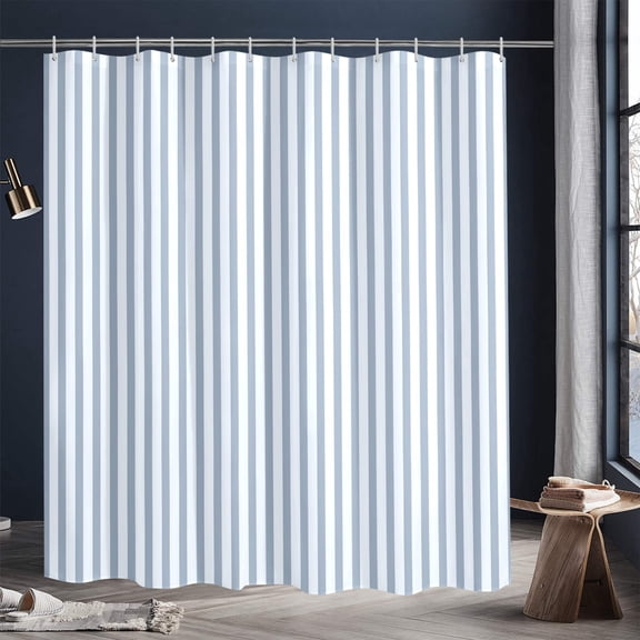 Extra Long Light Blue & White Striped Shower Curtain, Country French Modern Farmhouse Bathroom, Beach House Home Decor, Stripes, Boho Art Print Bathroom Decor with 12 Hooks, 72 x 84 Inch