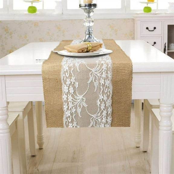 Extra Long Linen Lace Table Flag - Khaki Jute Tablecloth for Wedding Party Farmhouse Decor
