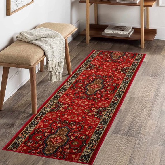 Extra-Long Low Pile Runner Rug Skid Resistant Backing Rug Runner Orient and Floral Red Cut to Size Roll Runner Rugs - 4 Feet x 26 Inch