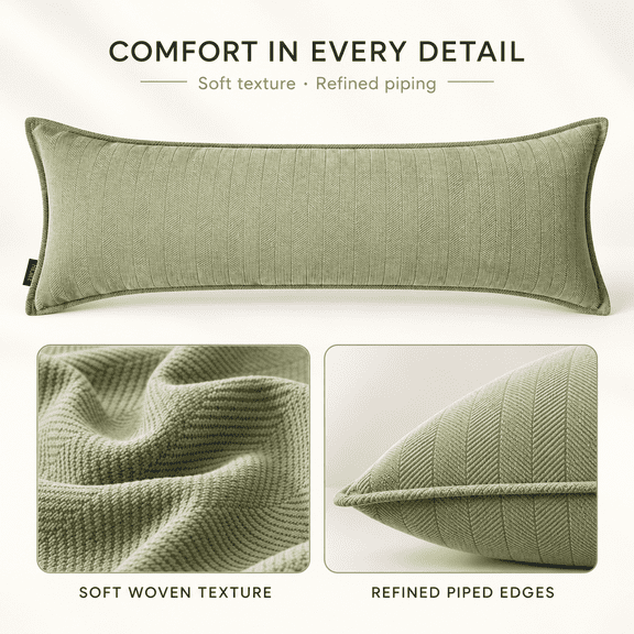Extra Long Lumbar Pillow Cover 12 x 35 Inch, Textured Chenille Large Rectangular Throw Pillowcase with Herringbone Weave, Hidden Zipper and Piped Edges for Bed, Sofa or Bench, (Matcha Green)