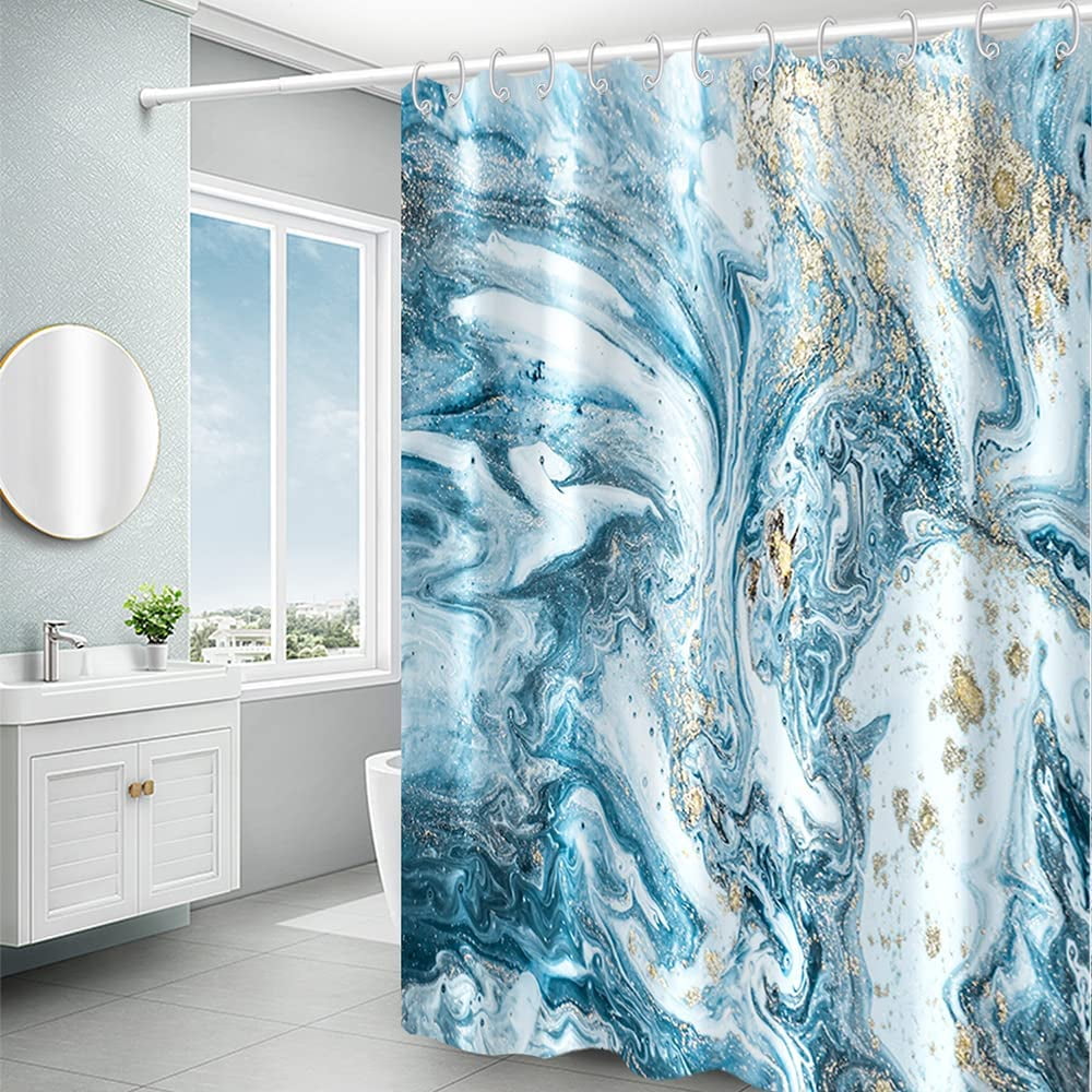 Extra Long Marble Bathroom Shower Curtain 84 Inches Length Blue White Gold Waterproof Fabric Shower Curtains with Hooks Watercolor Abstract Shower Curtains Cloth for Home Bath Decor 72x84 inches