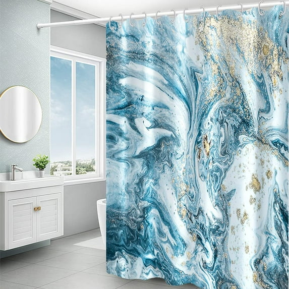 Extra Long Marble Bathroom Shower Curtain 84 Inches Length Blue White Gold Waterproof Fabric Shower Curtains with Hooks Watercolor Abstract Shower Curtains Cloth for Home Bath Decor 72x84 inches