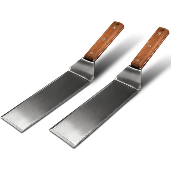Extra Long Metal Griddle Spatula Set of 2- Wooden Stainless Steel Grilling Spatula, Grill Accessories for Blackstone, BBQ Grill Tools w/Full Tang Wooden Handle & Beveled Edges for Flat Top Grilling