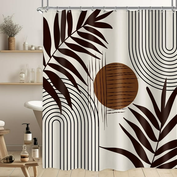 Extra Long Mid Century Modern Shower Curtain Brown Boho Shower Curtain Abstract Leaves Shower Curtain Set 72Wx84H Minimalist Geometric Bath Curtain Aesthetic Bathroom Accessories Home Decor