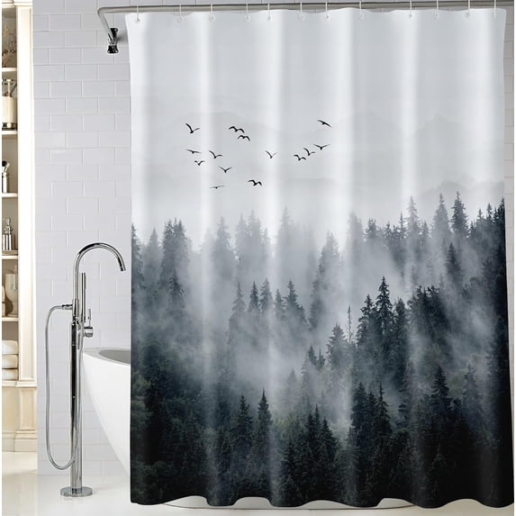 Extra Long Misty Forest Shower Curtain 72 x 84 Inch, Nature Mountain Woodland Bathroom Shower Curtains, Waterproof Fabric Shower Curtains