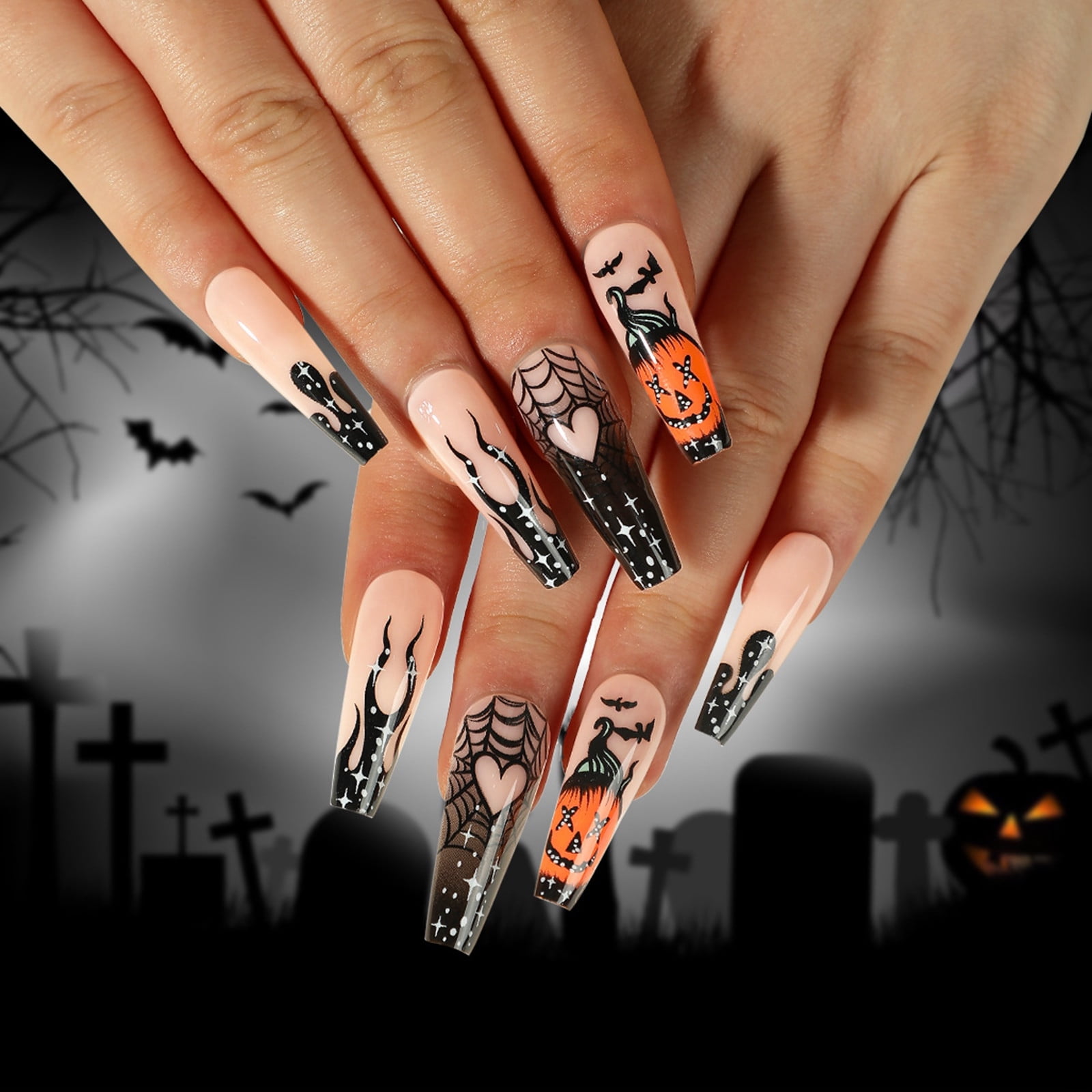 Extra Long Nail Tips Wear Nails Black French Flame Heart Pumpkin Bat