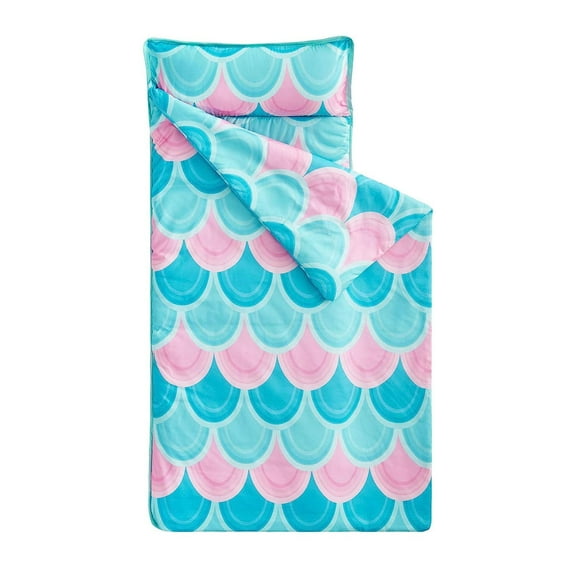 Extra Long Nap Mat with Removable Pillow for Kids Toddler Boys Girls Daycare Preschool Kindergarten Sleeping Bag, Mermaids Scales in Teal Pink Blue, 100% Soft Microfiber