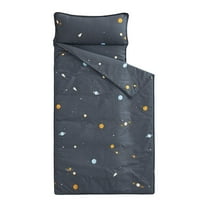 Extra Long Nap Mat with Removable Pillow for Kids Toddler Boys Girls Daycare Preschool Kindergarten Sleeping Bag, Space Stars Rockets on Gray Grey, 100% Cotton with Microfiber Fill