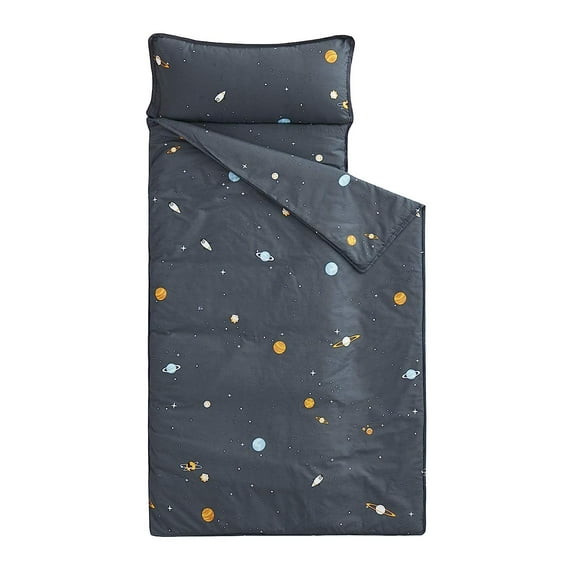 Extra Long Nap Mat with Removable Pillow for Kids Toddler Boys Girls Daycare Preschool Kindergarten Sleeping Bag, Space Stars Rockets on Gray Grey, 100% Cotton with Microfiber Fill