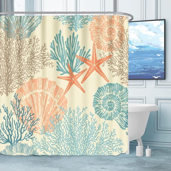 Extra Long Nautical Coastal Shower Curtain Starfish Seashell Coral Beach Themed Bath Curtain Waterproof Fabric Ocean Shower Curtains for Bathroom with 12 Hooks, 72x84, Orange