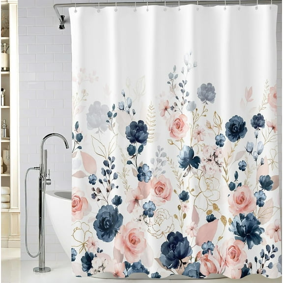 Extra Long Navy Blue and Pink Floral Shower Curtain 72 x 84 Inch, Watercolor Flowers Bathroom Shower Curtain, Waterproof Fabric Shower Curtain with 12 Hooks